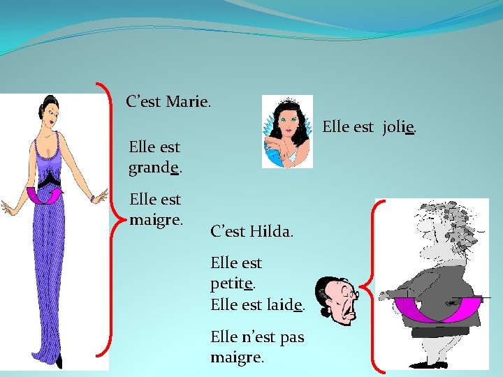 C’est Marie. Elle est jolie. Elle est grande. Elle est maigre. C’est Hilda. Elle