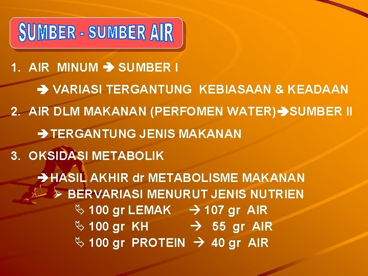 1. AIR MINUM SUMBER I VARIASI TERGANTUNG KEBIASAAN & KEADAAN 2. AIR DLM MAKANAN