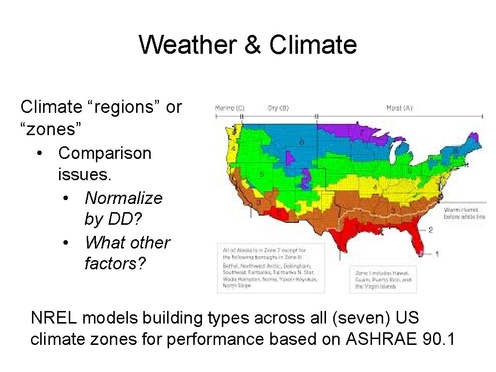 Weather & Climate “regions” or “zones” • Comparison issues. • Normalize by DD? •