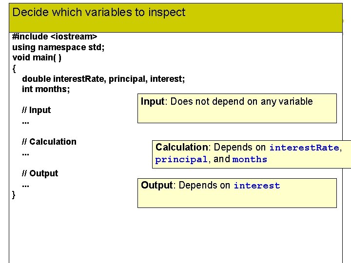 Decide which variables to inspect #include <iostream> using namespace std; void main( ) {