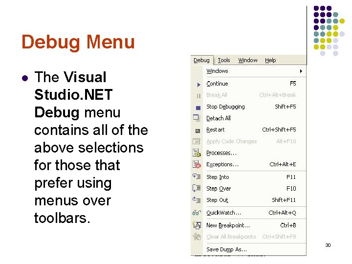 Debug Menu l The Visual Studio. NET Debug menu contains all of the above