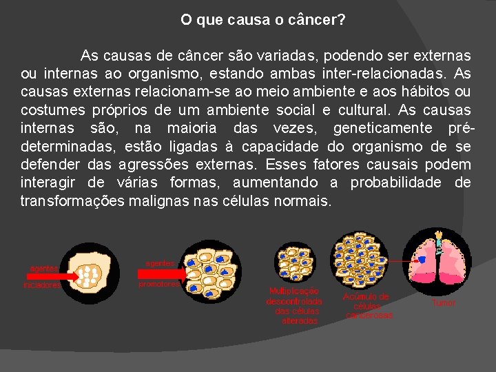 O que causa o câncer? As causas de câncer são variadas, podendo ser externas