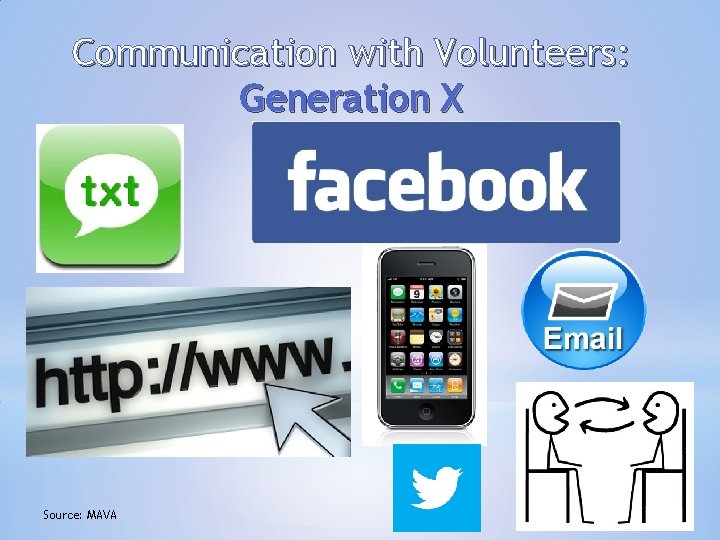 Communication with Volunteers: Generation X Source: MAVA 