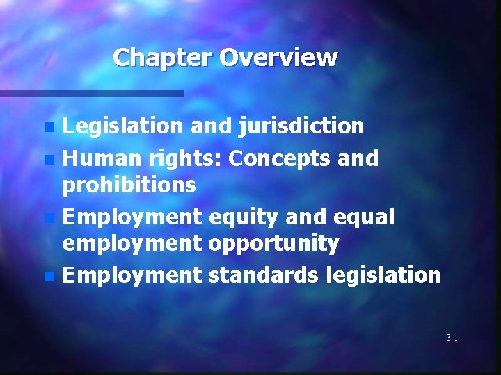 Chapter Overview Legislation and jurisdiction n Human rights: Concepts and prohibitions n Employment equity