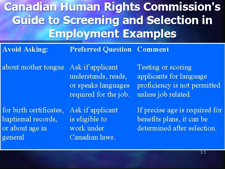 Canadian Human Rights Commission's Guide to Screening and Selection in Employment Examples Avoid Asking: