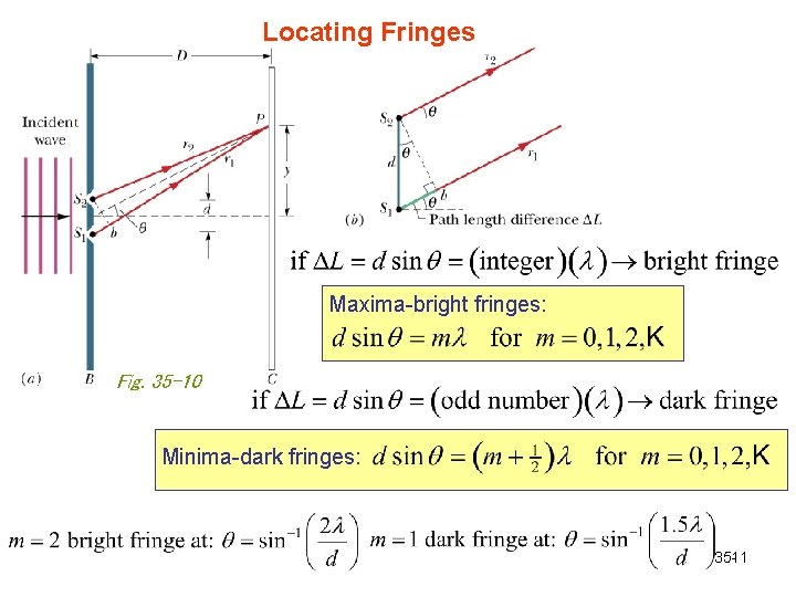 Locating Fringes Maxima-bright fringes: Fig. 35 -10 Minima-dark fringes: 35 -11 