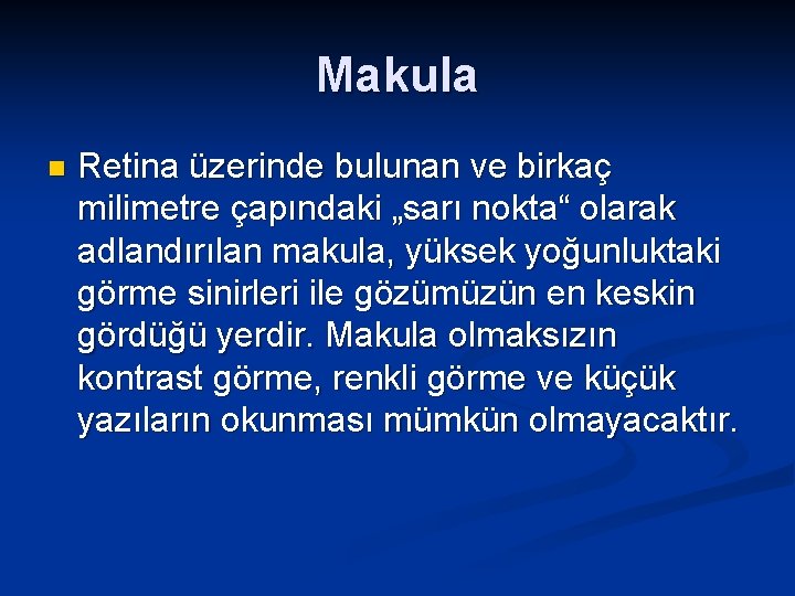 Makula n Retina üzerinde bulunan ve birkaç milimetre çapındaki „sarı nokta“ olarak adlandırılan makula,