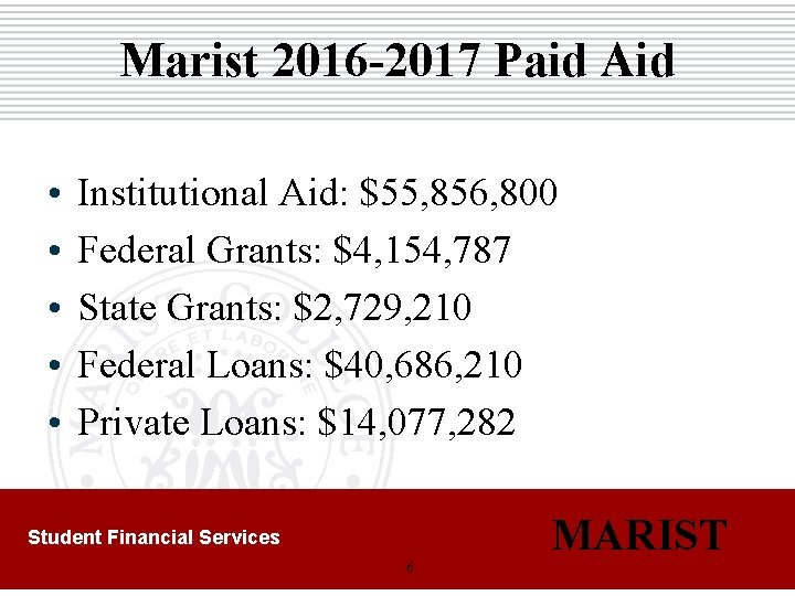 Marist 2016 -2017 Paid Aid • • • Institutional Aid: $55, 856, 800 Federal