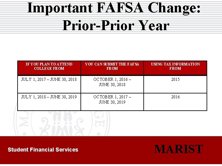 Important FAFSA Change: Prior-Prior Year IF YOU PLAN TO ATTEND COLLEGE FROM YOU CAN