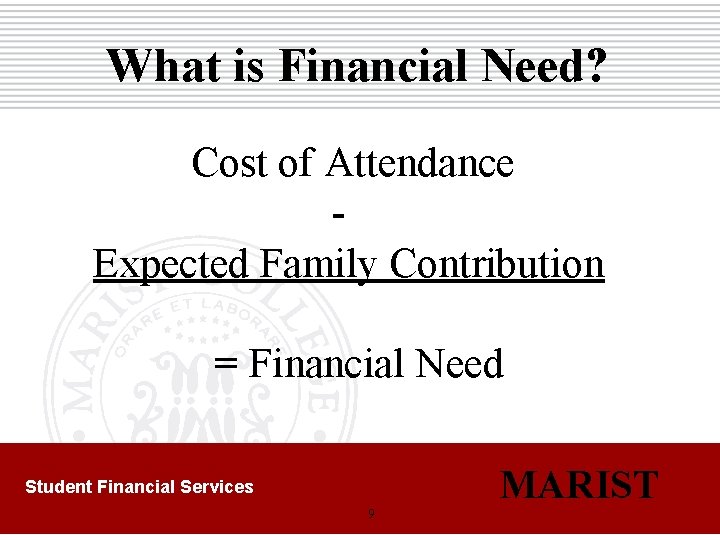 What is Financial Need? Cost of Attendance Expected Family Contribution = Financial Need MARIST