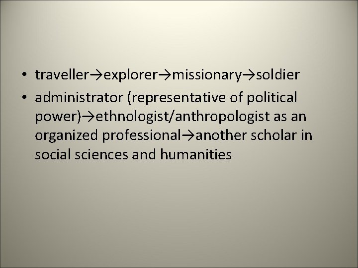  • traveller→explorer→missionary→soldier • administrator (representative of political power)→ethnologist/anthropologist as an organized professional→another scholar