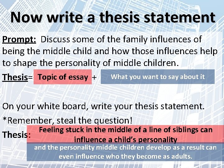 Now write a thesis statement Prompt: Discuss some of the family influences of being