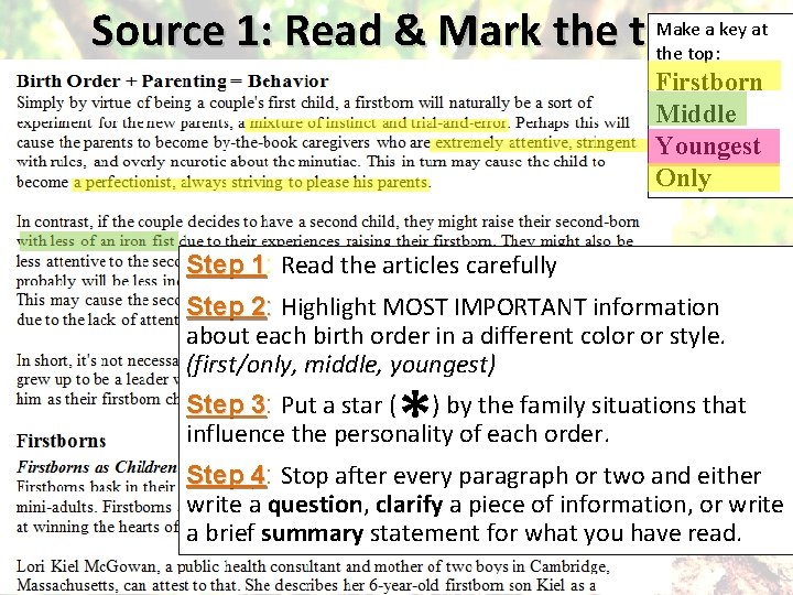 Make a key at Source 1: Read & Mark the text the top: Firstborn