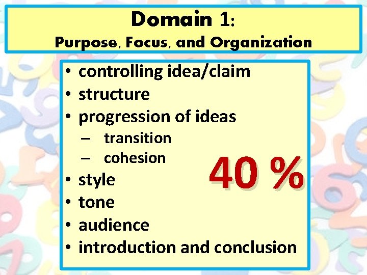 Domain 1: Purpose, Focus, and Organization • controlling idea/claim • structure • progression of