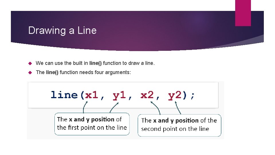 Drawing a Line We can use the built in line() function to draw a Drawing a Line We can use the built in line() function to draw a