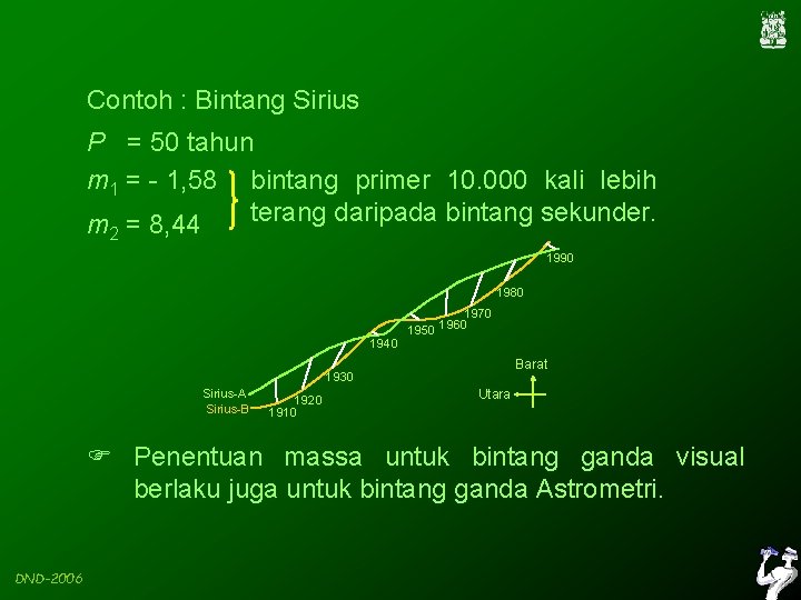 Contoh : Bintang Sirius P = 50 tahun m 1 = - 1, 58