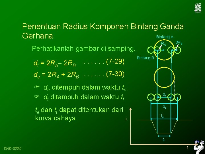 Penentuan Radius Komponen Bintang Ganda Bintang A Gerhana RA Perhatikanlah gambar di samping. dt