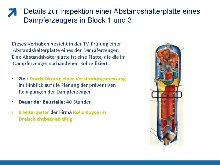 Details zur Inspektion einer Abstandshalterplatte eines Dampferzeugers in Block 1 und 3 Dieses Vorhaben