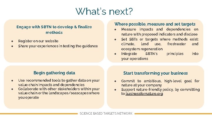 What’s next? Engage with SBTN to develop & finalize methods ● ● Register on