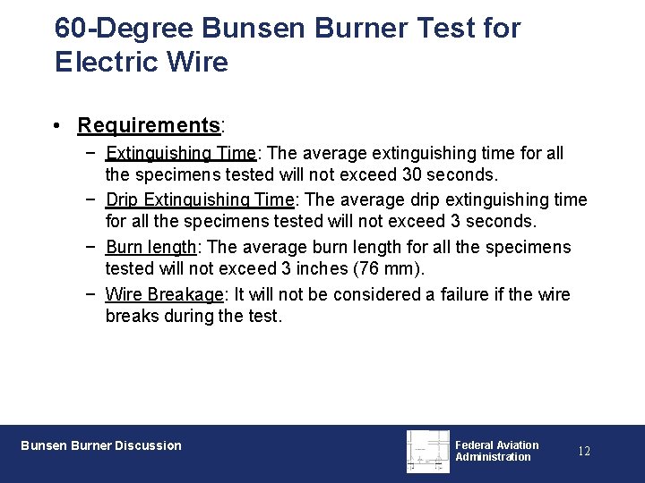 60 -Degree Bunsen Burner Test for Electric Wire • Requirements: − Extinguishing Time: The