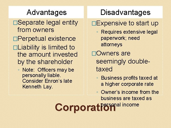 Advantages �Separate legal entity from owners �Perpetual existence �Liability is limited to the amount