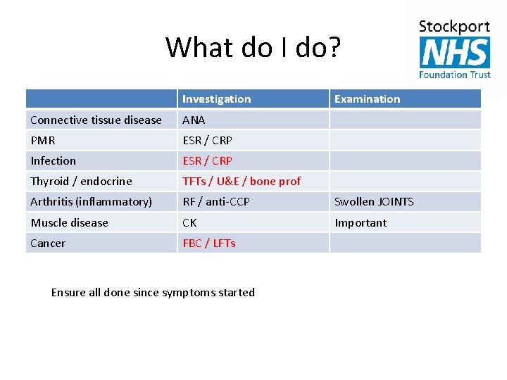 What do I do? Investigation Examination Connective tissue disease ANA PMR ESR / CRP