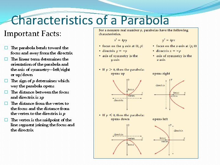 Characteristics of a Parabola Important Facts: � The parabola bends toward the focus and