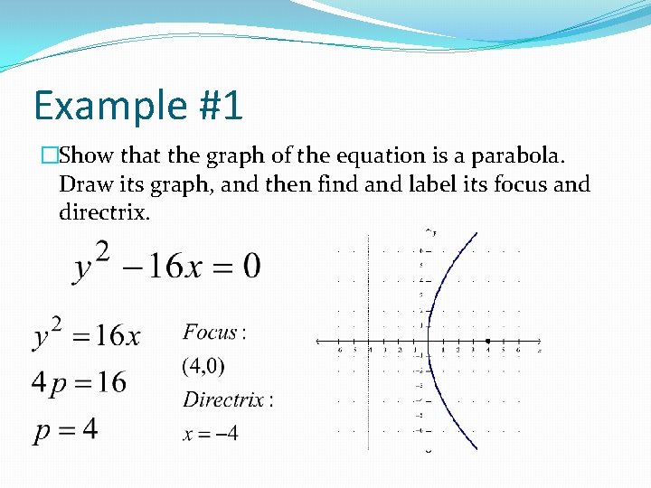 Example #1 �Show that the graph of the equation is a parabola. Draw its