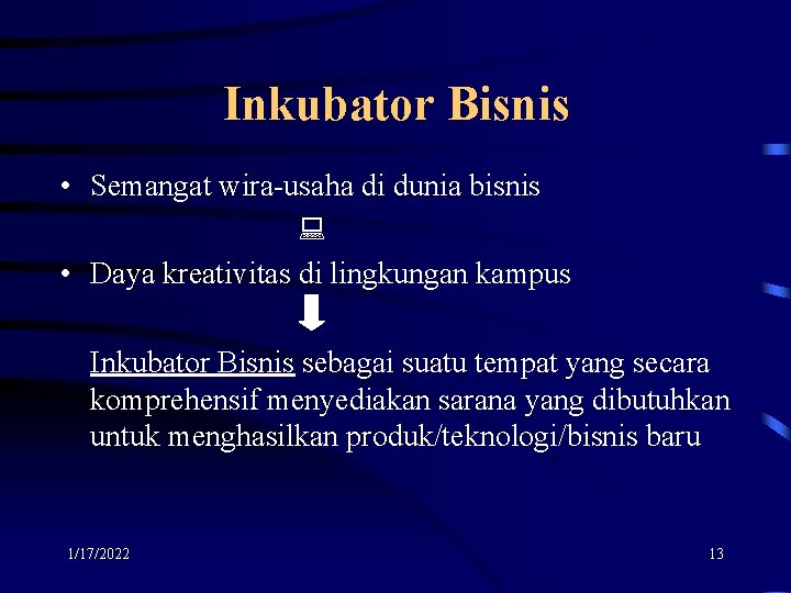Inkubator Bisnis • Semangat wira-usaha di dunia bisnis • Daya kreativitas di lingkungan kampus