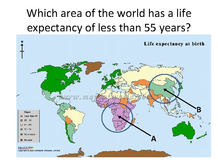 Which area of the world has a life expectancy of less than 55 years?