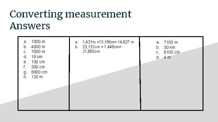 Converting measurement Answers a. b. c. d. e. f. g. h. 1000 m 4000