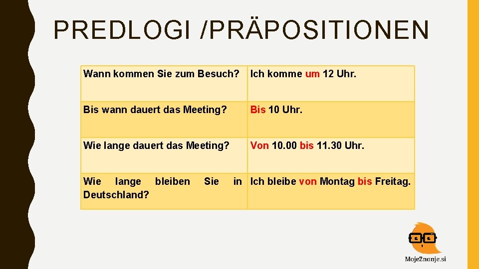 PREDLOGI /PRÄPOSITIONEN Wann kommen Sie zum Besuch? Ich komme um 12 Uhr. Bis wann