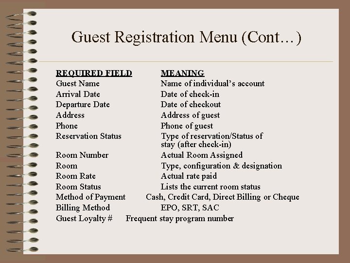 Guest Registration Menu (Cont…) REQUIRED FIELD Guest Name Arrival Date Departure Date Address Phone
