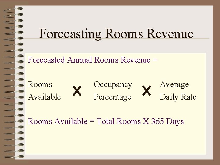 Forecasting Rooms Revenue Forecasted Annual Rooms Revenue = Rooms Available Occupancy Percentage Average Daily