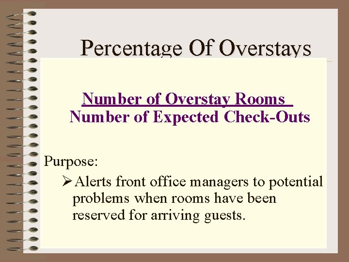 Percentage Of Overstays Number of Overstay Rooms Number of Expected Check-Outs Purpose: ØAlerts front