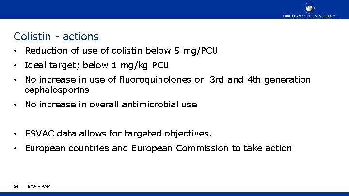 Colistin - actions • Reduction of use of colistin below 5 mg/PCU • Ideal