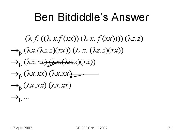 Ben Bitdiddle’s Answer ( f. (( x. f (xx)))) ( z. z) ( x.