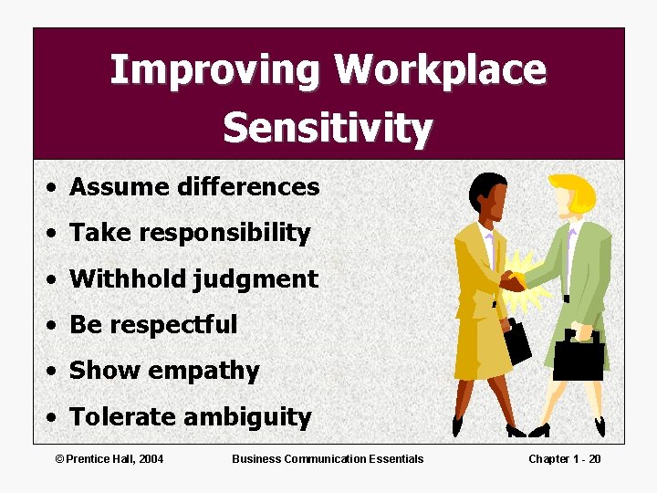 Improving Workplace Sensitivity • Assume differences • Take responsibility • Withhold judgment • Be