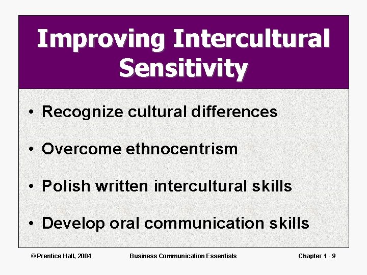 Improving Intercultural Sensitivity • Recognize cultural differences • Overcome ethnocentrism • Polish written intercultural