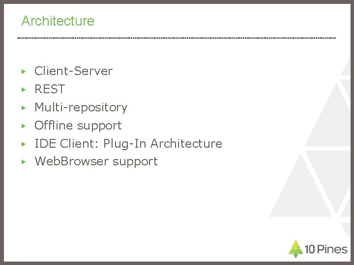 Architecture ▶ Client-Server ▶ REST ▶ Multi-repository ▶ Offline support ▶ IDE Client: Plug-In