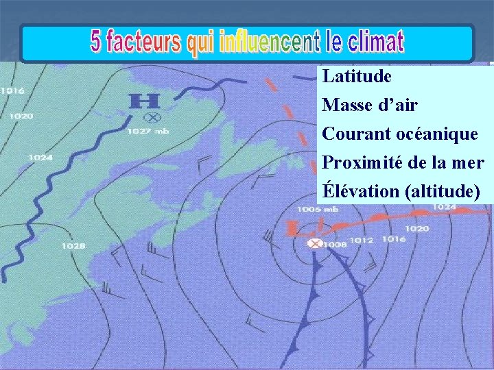 Latitude Masse d’air Courant océanique Proximité de la mer Élévation (altitude) 