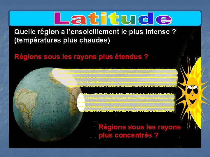 Quelle région a l’ensoleillement le plus intense ? (températures plus chaudes) Régions sous les