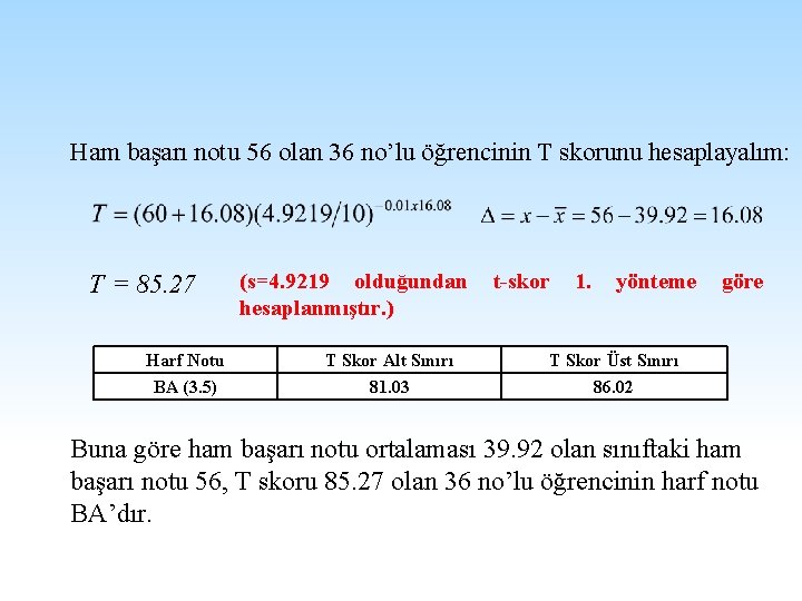 Ham başarı notu 56 olan 36 no’lu öğrencinin T skorunu hesaplayalım: T = 85.