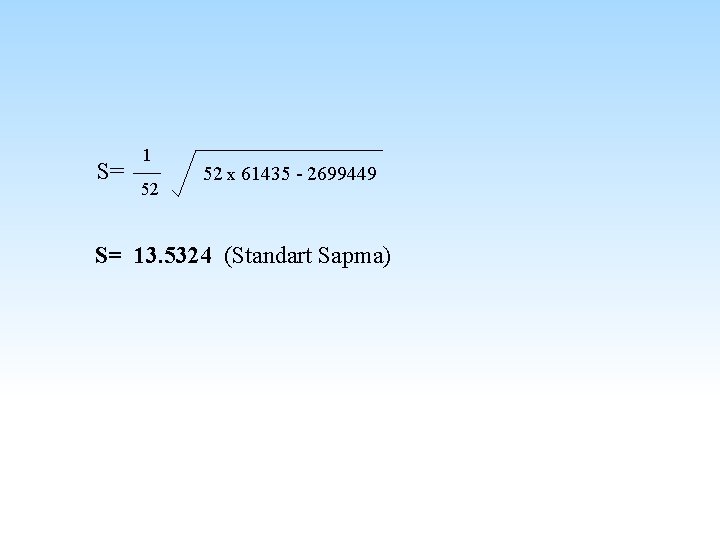 S= 1 52 52 x 61435 - 2699449 S= 13. 5324 (Standart Sapma) 