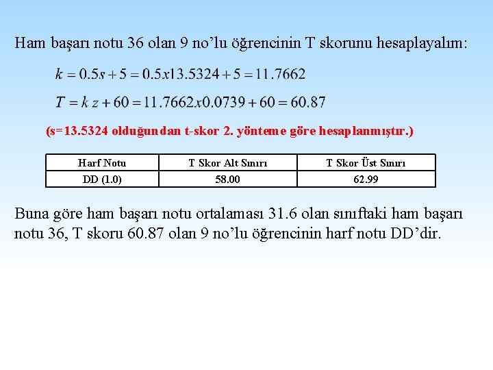 Ham başarı notu 36 olan 9 no’lu öğrencinin T skorunu hesaplayalım: (s=13. 5324 olduğundan