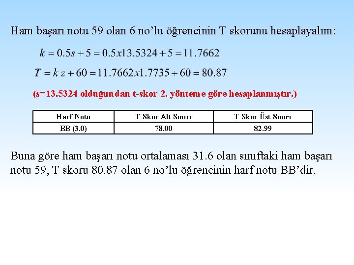 Ham başarı notu 59 olan 6 no’lu öğrencinin T skorunu hesaplayalım: (s=13. 5324 olduğundan