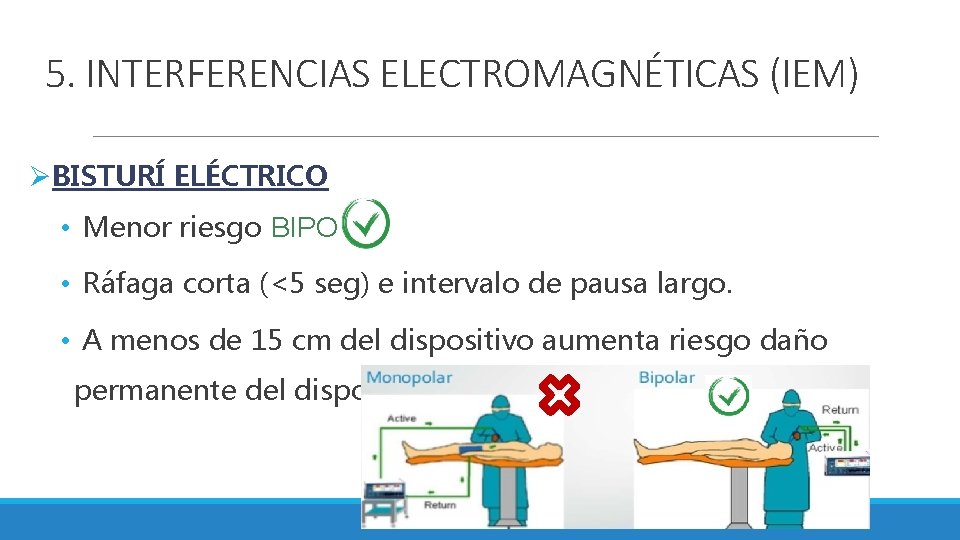 5. INTERFERENCIAS ELECTROMAGNÉTICAS (IEM) ØBISTURÍ ELÉCTRICO • Menor riesgo BIPOLAR • Ráfaga corta (<5