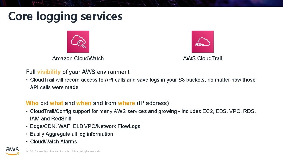 Core logging services Amazon Cloud. Watch AWS Cloud. Trail Full visibility of your AWS Core logging services Amazon Cloud. Watch AWS Cloud. Trail Full visibility of your AWS