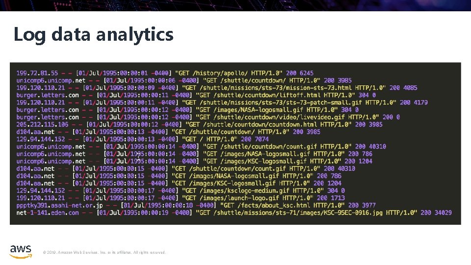 Log data analytics © 2019, Amazon Web Services, Inc. or its affiliates. All rights Log data analytics © 2019, Amazon Web Services, Inc. or its affiliates. All rights