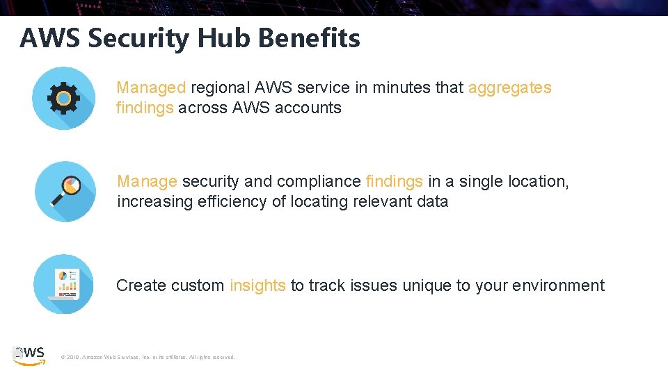 AWS Security Hub Benefits Managed regional AWS service in minutes that aggregates findings across AWS Security Hub Benefits Managed regional AWS service in minutes that aggregates findings across